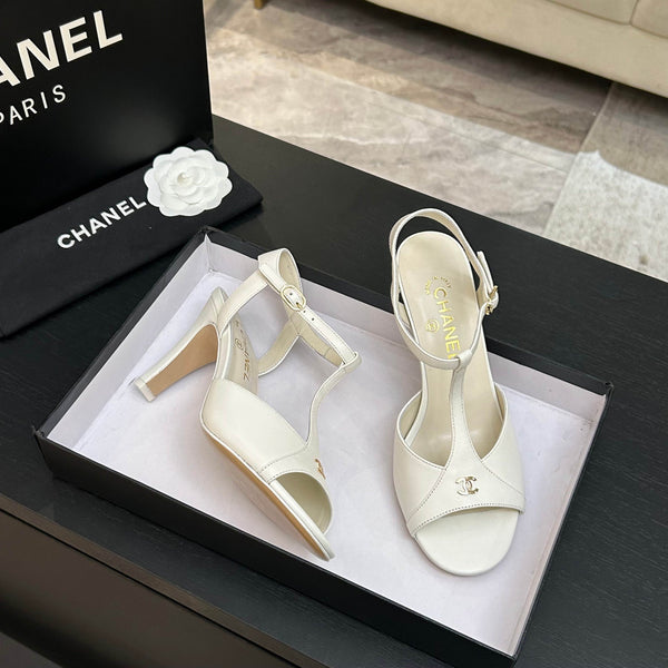 Chanel 26P Metallic Double C Stiletto Sandals 70 Ivory In Sheepskin 717713