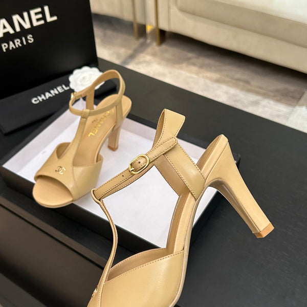 Chanel 26P Metallic Double C Stiletto Sandals 70 Beige In Sheepskin 717711