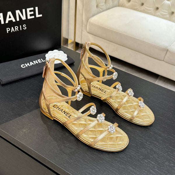 Chanel Camellia Pearl Chunky Heel Sandals Gold In Cowhide Leather 717699