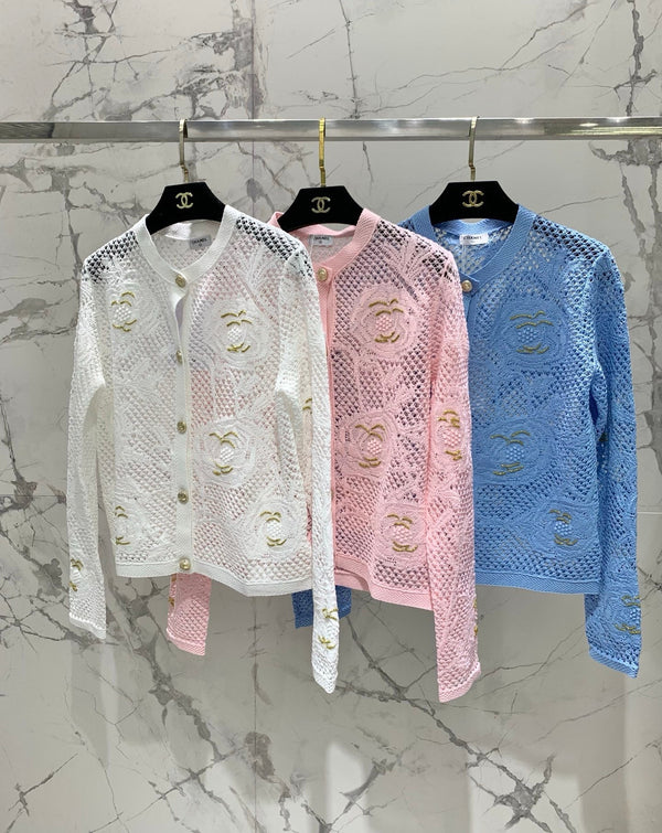 Chanel Embroidered Hollow-Out Cardigan Pink in Cotton 298308