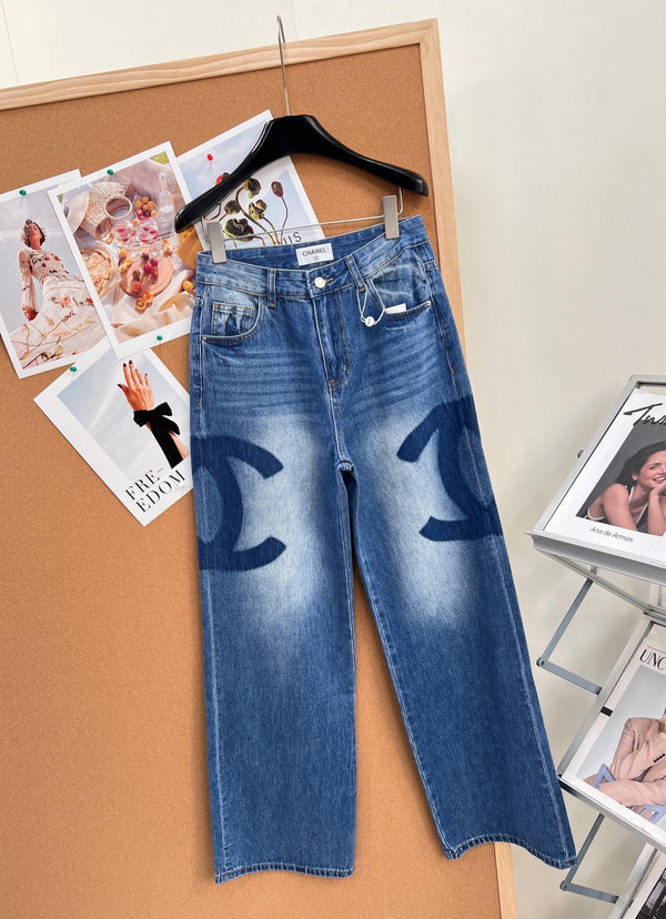 Chanel 26 Double C Logo Straight Leg Pants Blue in Cotton 298254