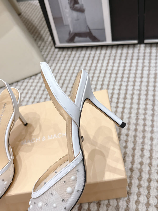 Mach & Mach 26 Pointed Toe High Heels 85 Crystal White in Sheepskin 722818
