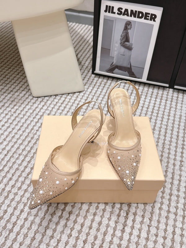 Mach & Mach 26 Pointed Toe High Heels 85 Crystal Nude Beige in Sheepskin 722817