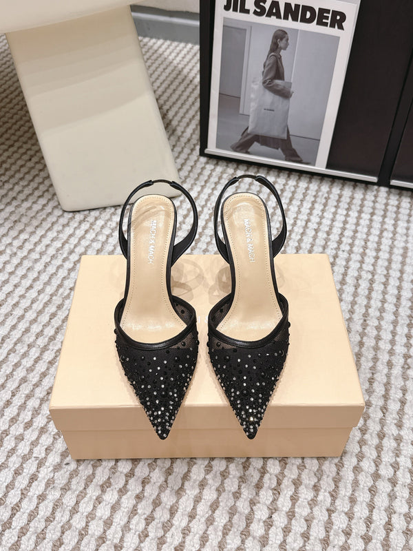 Mach & Mach 26 Pointed Toe High Heels 85 Crystal Black in Sheepskin 722816