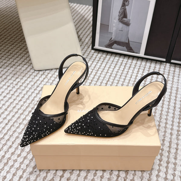 Mach & Mach 26 Pointed Toe High Heels 85 Crystal Black in Sheepskin 722816