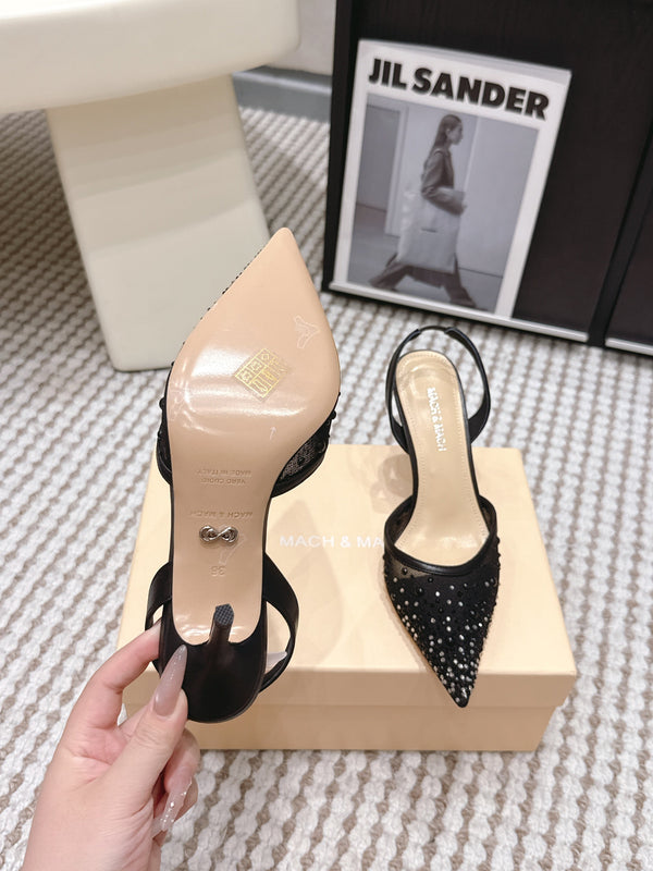 Mach & Mach 26 Pointed Toe High Heels 85 Crystal Black in Sheepskin 722816