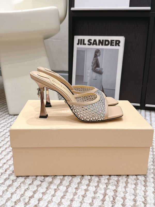 Mach & Mach Embellished Mules 95 Nude Beige in Leather Diamonds 722810