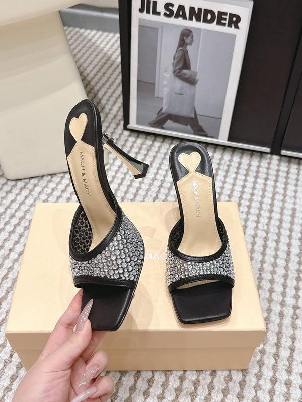 Mach & Mach Embellished Mules 95 Black in Leather Diamonds 722809