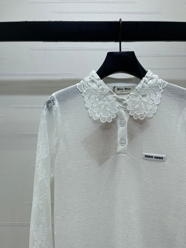Miu Miu Collared Crochet Long-Sleeve Top White in Tencel 373141