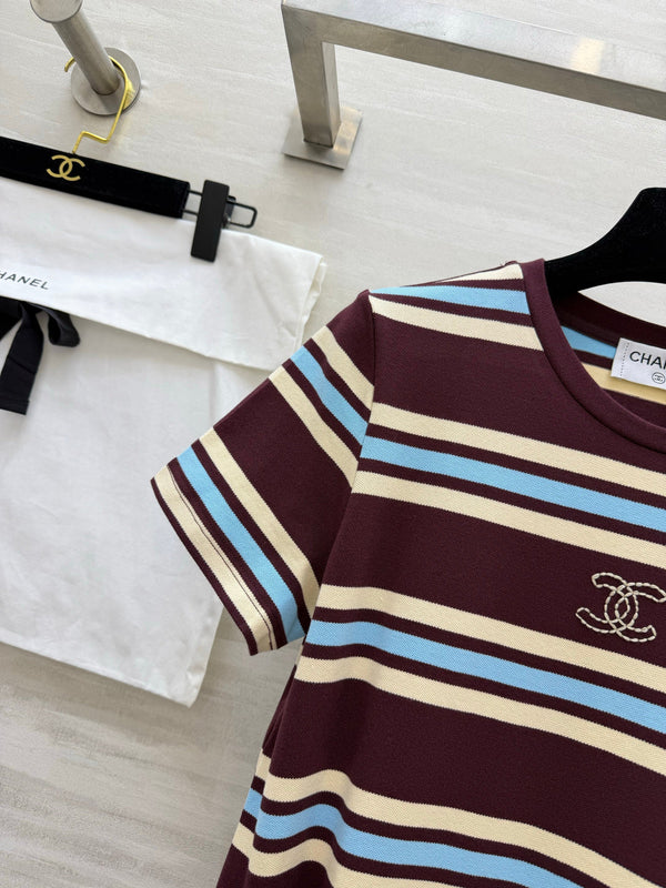Chanel Striped T-shirt Dress Burgundy in Pure Cotton 375546