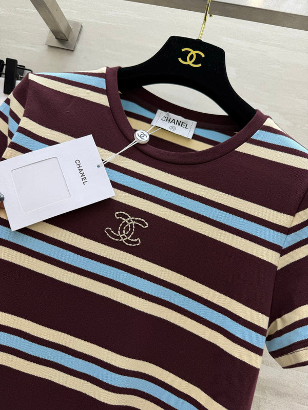Chanel Striped T-shirt Dress Burgundy in Pure Cotton 375546