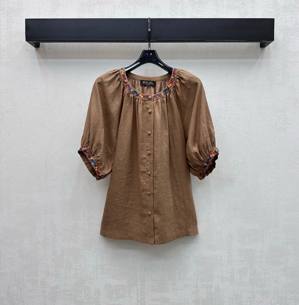 LP Colorful Embroidered Lantern Sleeve Shirt Brown in Linen 375374