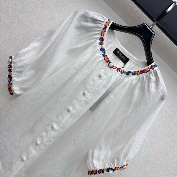 LP Colorful Embroidered Lantern Sleeve Shirt White in Linen 375372