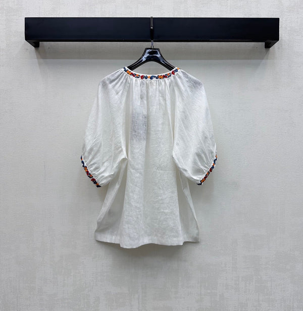 LP Colorful Embroidered Lantern Sleeve Shirt White in Linen 375372