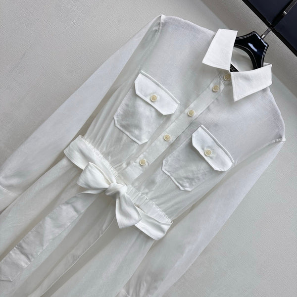LP 26 Pocket Tie-Front Dress White in Linen 375361