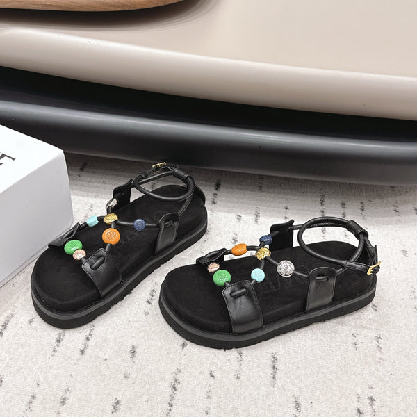 Loewe x Paula's Ibiza Anagram Pebble Bead Sandals Black in Sheepskin 738797