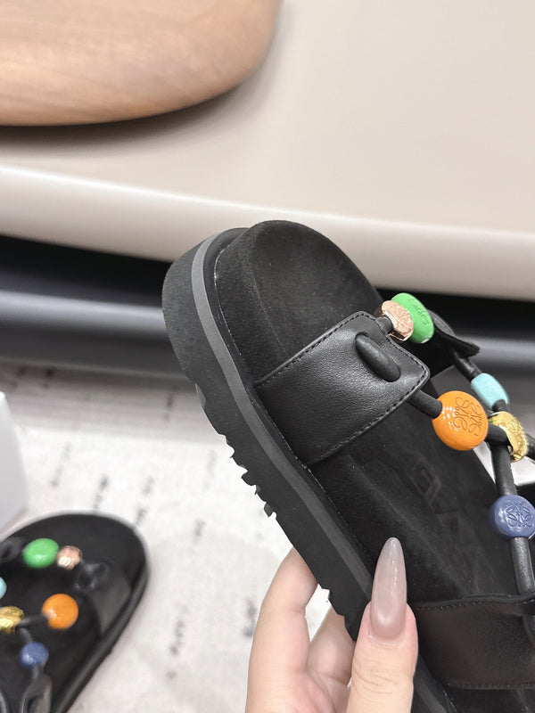 Loewe x Paula's Ibiza Anagram Pebble Bead Sandals Black in Sheepskin 738797