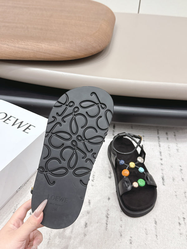 Loewe x Paula's Ibiza Anagram Pebble Bead Sandals Black in Sheepskin 738797