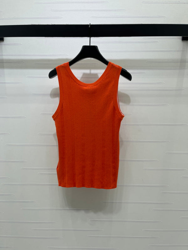Chanel 2026 Vertical Ribbed Crew Neck Knit Vest Orange in Knit Fabric 376046