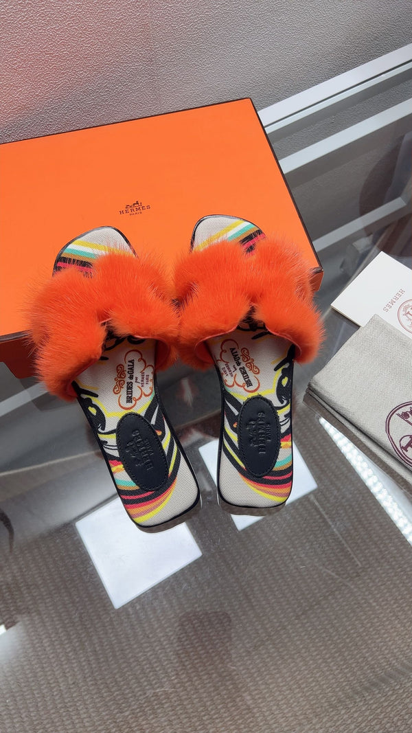Hermes H-Style Flat Open-Toe Sandals Orange in Mink Fur 739515