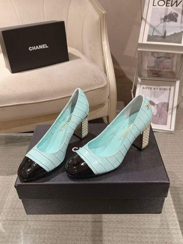 Chanel 26 Pumps Pearl Heel 80mm Turquoise in Calfskin 739573