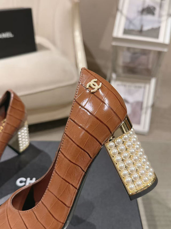 Chanel 26 Pumps Pearl Heel 80mm Brown in Calfskin 739576