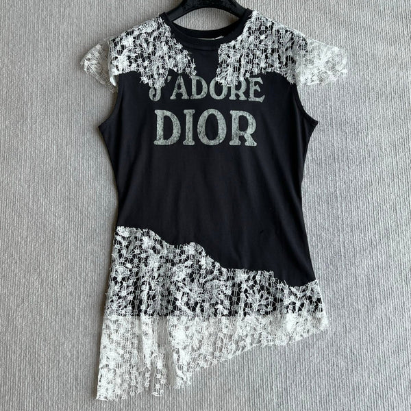 Dior 26ss J'Adore Lace-Trimmed T-Shirt Black White in Cotton 376511