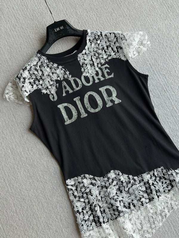 Dior 26ss J'Adore Lace-Trimmed T-Shirt Black White in Cotton 376511