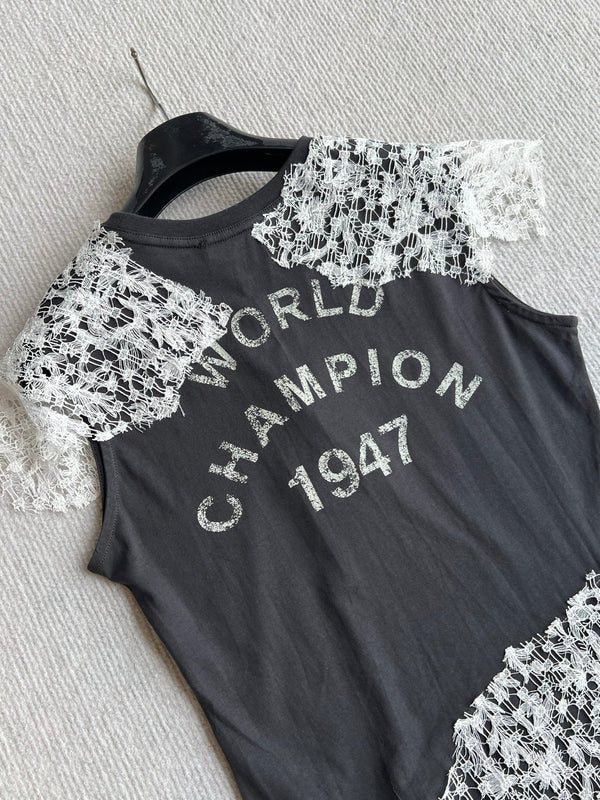 Dior 26ss J'Adore Lace-Trimmed T-Shirt Black White in Cotton 376511