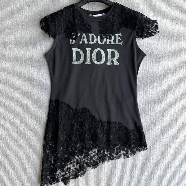 Dior 26ss J'Adore Lace-Trimmed T-Shirt Black in Cotton 376510