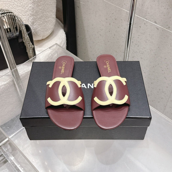 Chanel Double C Flat Slip-on Sandals Burgundy in Lambskin 740707