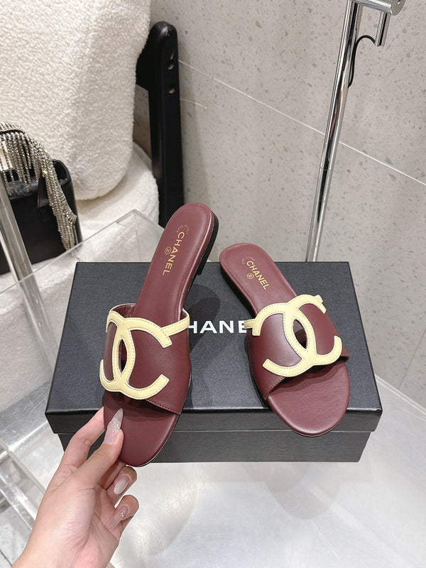 Chanel Double C Flat Slip-on Sandals Burgundy in Lambskin 740707