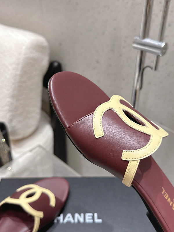 Chanel Double C Flat Slip-on Sandals Burgundy in Lambskin 740707
