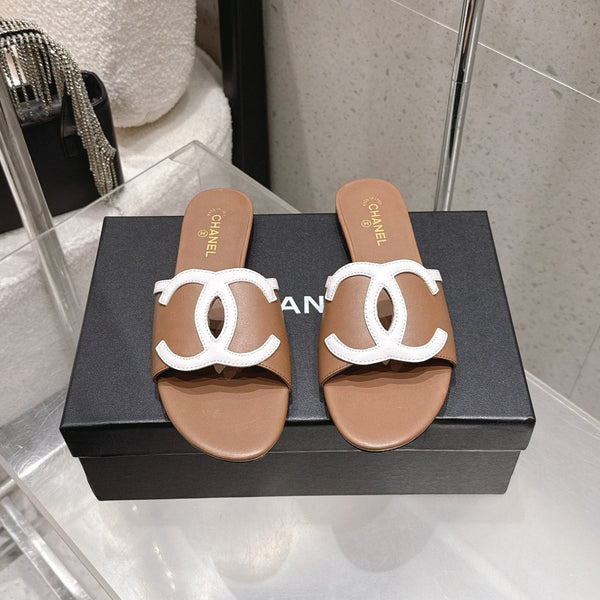 Chanel Double C Flat Slip-on Sandals Brown in Lambskin 740705