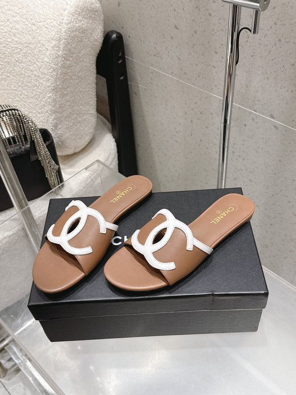 Chanel Double C Flat Slip-on Sandals Brown in Lambskin 740705