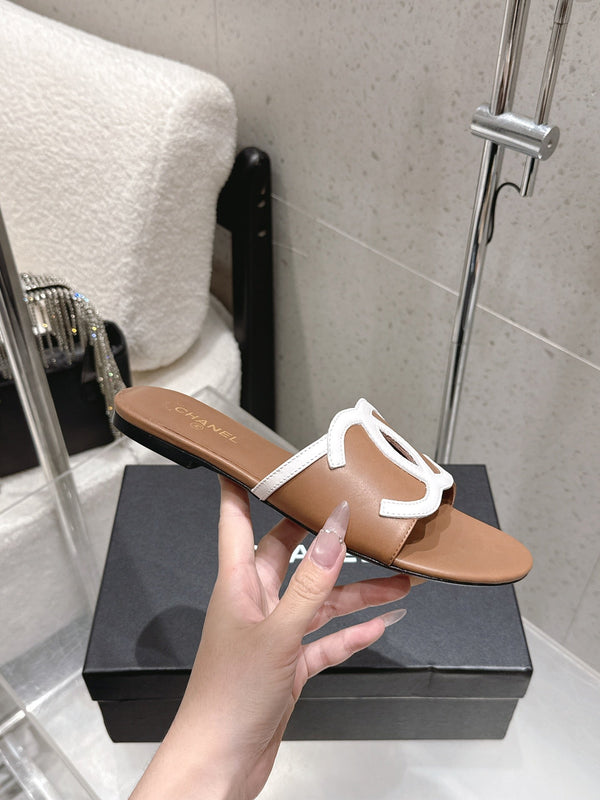 Chanel Double C Flat Slip-on Sandals Brown in Lambskin 740705