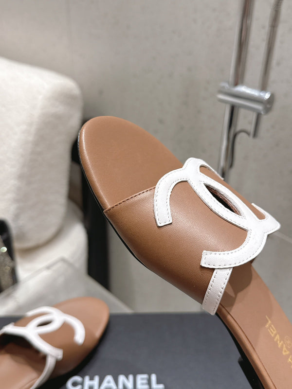 Chanel Double C Flat Slip-on Sandals Brown in Lambskin 740705
