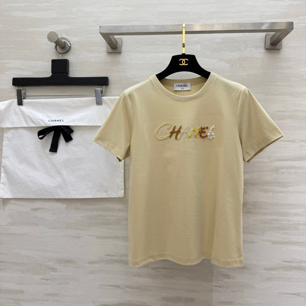 Chanel Sequin Letter T-Shirt Beige in Cotton 377550