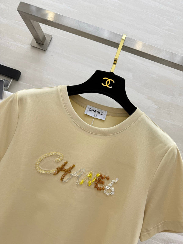 Chanel Sequin Letter T-Shirt Beige in Cotton 377550
