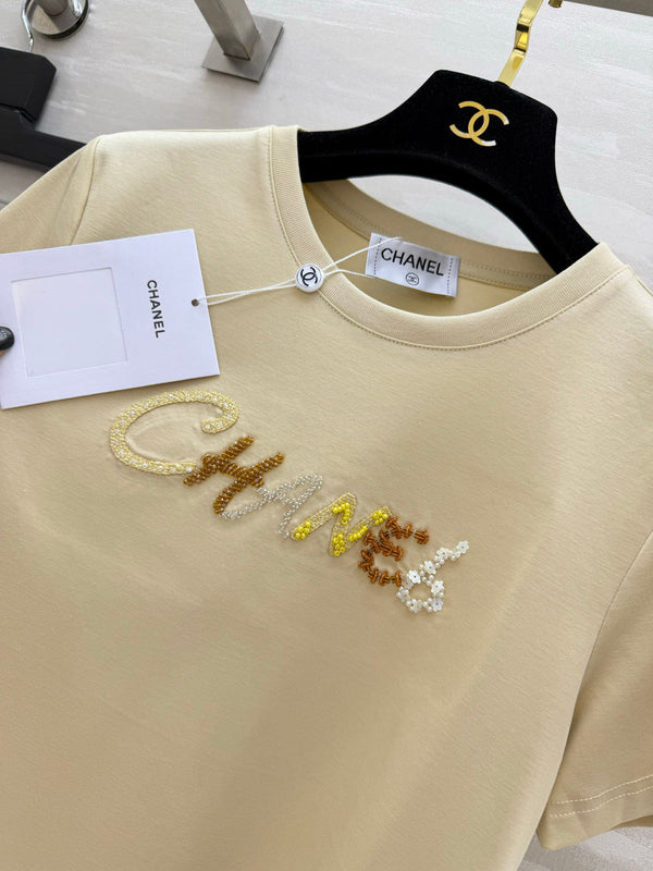 Chanel Sequin Letter T-Shirt Beige in Cotton 377550
