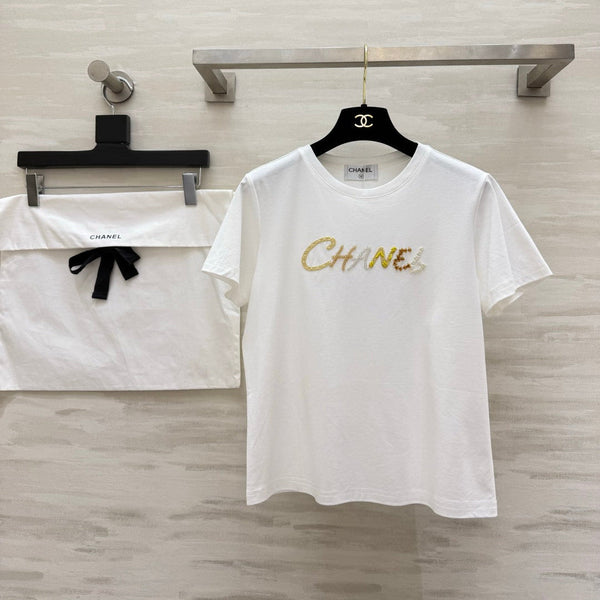 Chanel Sequin Letter T-Shirt White in Cotton 377548