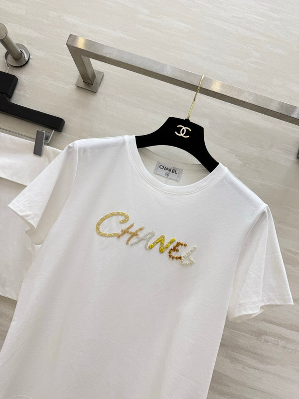 Chanel Sequin Letter T-Shirt White in Cotton 377548