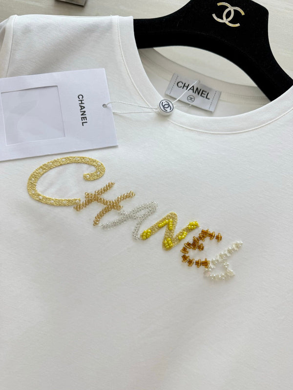 Chanel Sequin Letter T-Shirt White in Cotton 377548