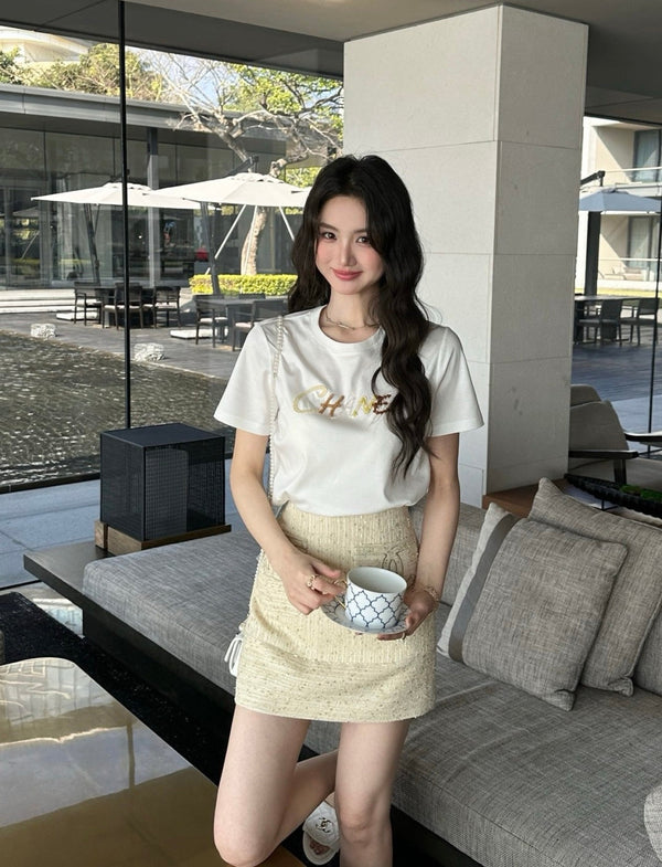Chanel Sequin Letter T-Shirt White in Cotton 377548