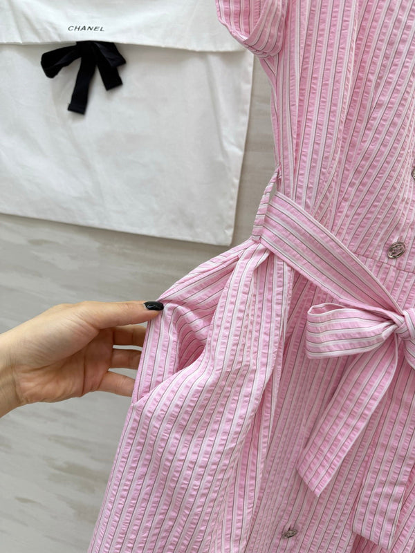 Chanel Striped Shirt Dress Pink in Cotton 377536