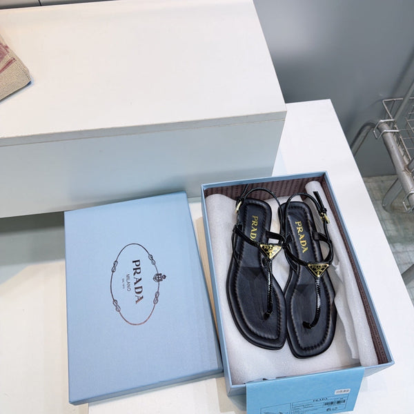 Prada Triangle Logo Sandal Black in Calfskin Patent Leather 741971