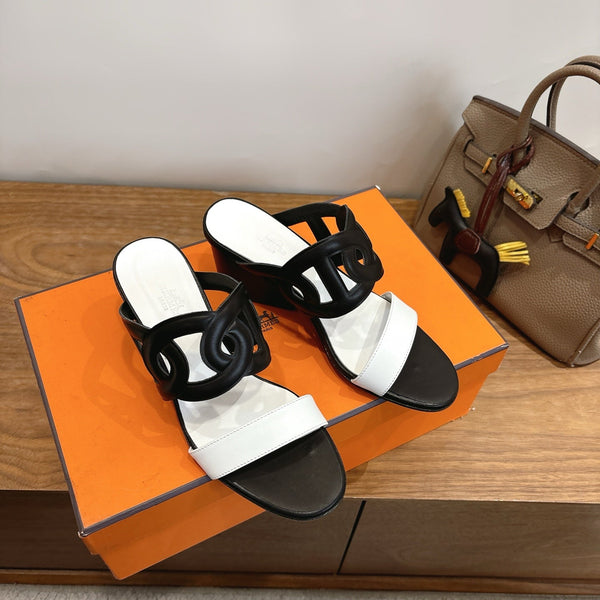 Hermès Sandal 60 Black White in Calfskin 743966