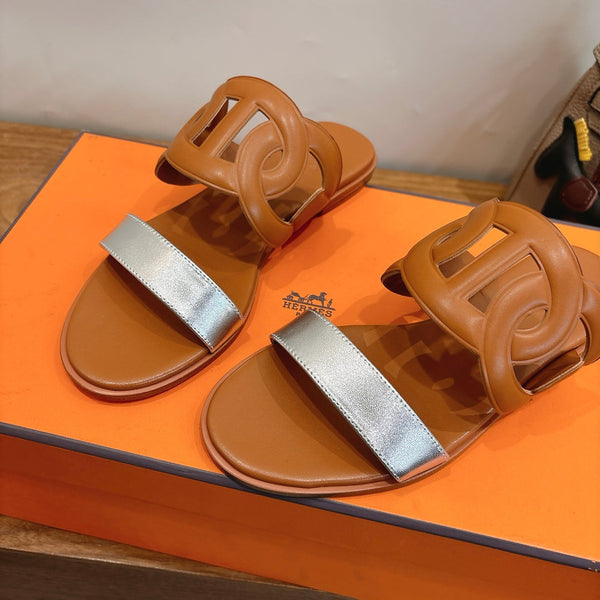 Hermès Sandal Brown Silver in Calfskin 743976