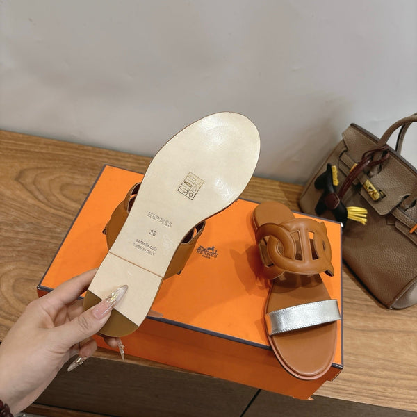 Hermès Sandal Brown Silver in Calfskin 743976