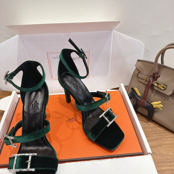 Hermès Liv Sandal 10.5 Dark Green in Velvet 744074